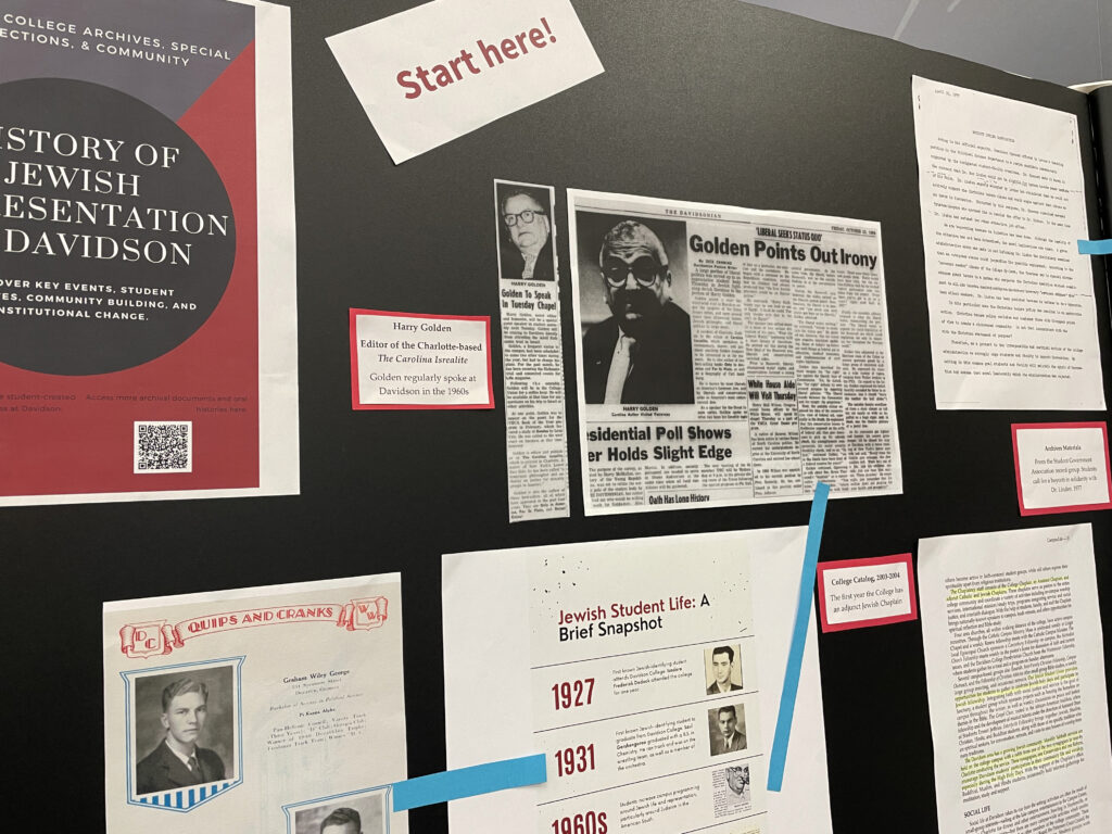 Display board featuring historical images about Jewish Life at Davidson.
